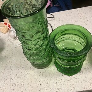 Green Textured Glass Vase / Candleholder Set
